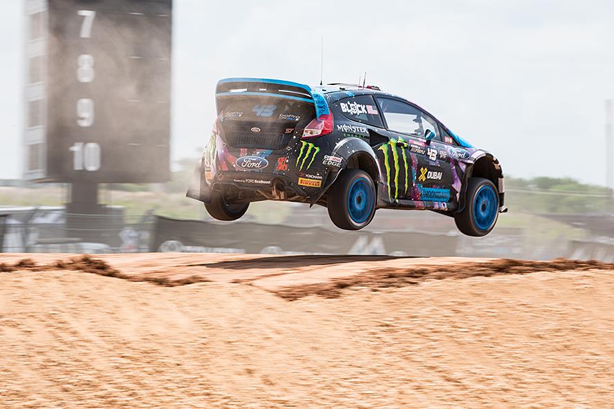 Ken Block takes the the jump during his first heat at X Games 2015.