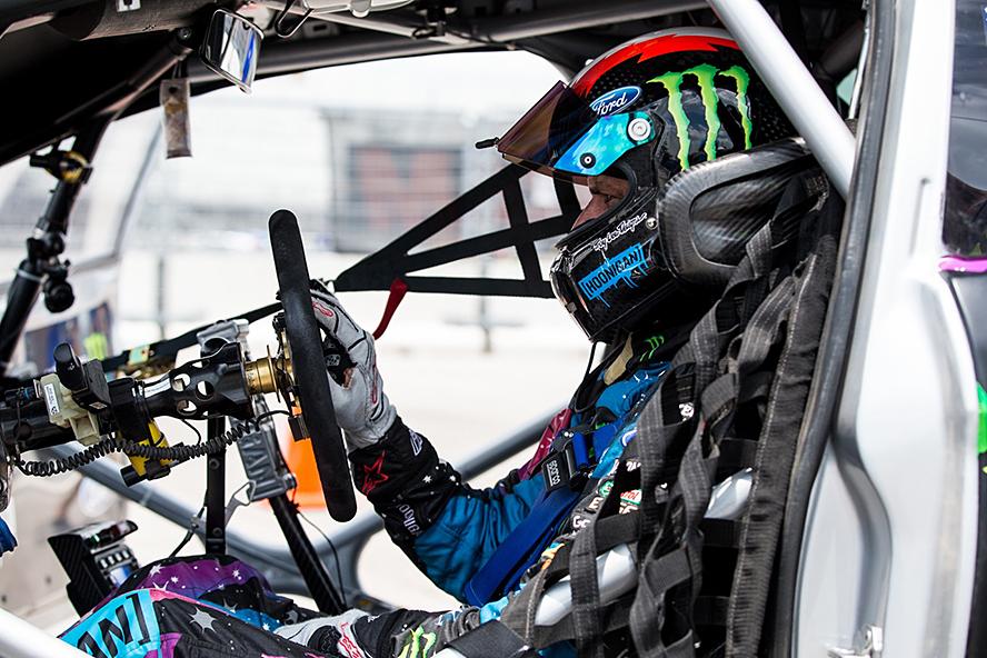 Ken Block prepares to run his Ford Fiesta ST RX43 at X Games Austin 2015.
