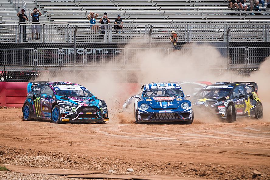 Ken Block experiences a sudden, front drive shaft failure with the checkered flag in view, ending his race at X Games Austin 2015.