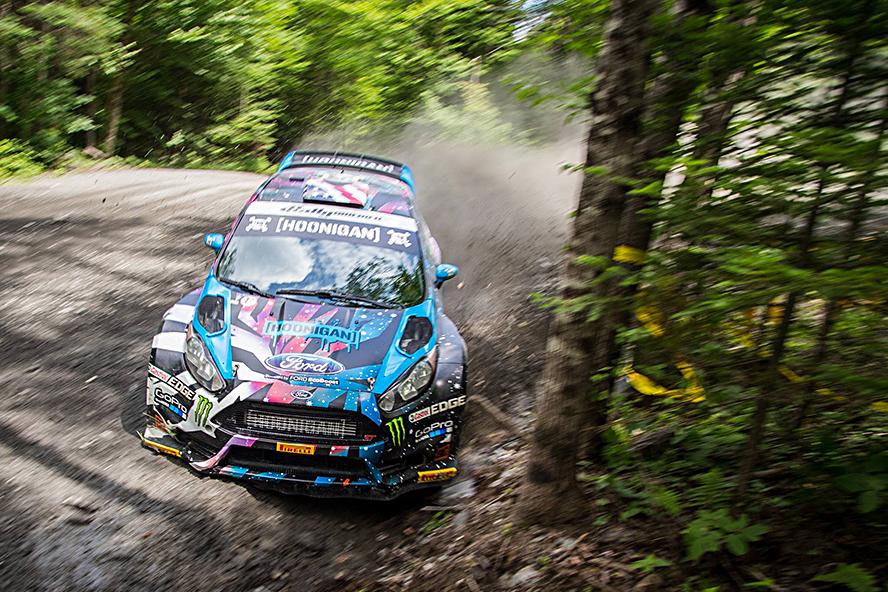 Ken Block and Alex Gelsomino testing Block’s HFHV rally car at Team O’Neil Rally School in New Hampshire