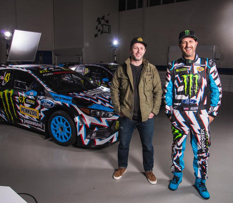 With the World RX race season opener this coming weekend in Barcelona, Spain, Hoonigan Racing debuts its newest liveries for the team of Ken Block and Andreas Bakkerud and their Ford Performance Focus RS RX rallycross cars, designed in collaboration with U.K. artist David Gwyther—who is better known as Death Spray Custom and known for his multi-disciplined art work—Block and Bakkerud’s new liveries harness the look of intense energy (via bolts) while combining a 3D element to the pattern.