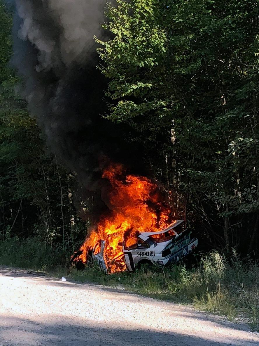 This year’s New England Forest Rally came to an abrupt end for Hoonigan Racing Division's Ken Block and Alex Gelsomino when a mechanical issue lead to a roll and ignited a fire that engulfed the 25 year old, Ford Escort RS Cossie Group A/WRC car. The duo escaped the wreck unharmed but despite their efforts to extinguish the fire, the car was destroyed. RIP, Cossie.