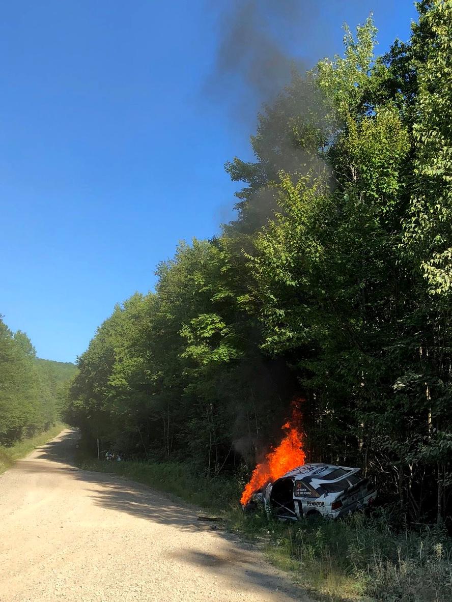 This year’s New England Forest Rally came to an abrupt end for Hoonigan Racing Division's Ken Block and Alex Gelsomino when a mechanical issue lead to a roll and ignited a fire that engulfed the 25 year old, Ford Escort RS Cossie Group A/WRC car. The duo escaped the wreck unharmed but despite their efforts to extinguish the fire, the car was destroyed. RIP, Cossie.